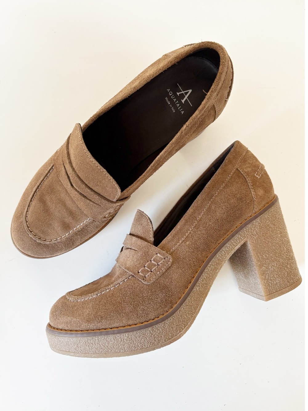 Aquatalia || Caprie‎ Gum Sole Heeled Loafer Weatherproof Suede Pump Brown 9.5